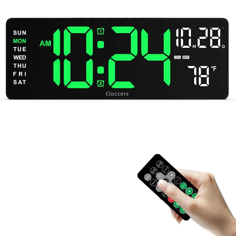 USB & Battery Charging Digital Wall Clock without Battery, Usb Powered Clock, Remote Control Large Screen with Indoor Temperature Date Week Display, Countdown Digital Timer, Digital Clock Decor