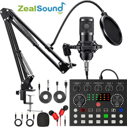 Zealsound Podcast Equipment Bundle, BM800 Podcast Microphone Bundle with V8S Voice Changer, Condenser Microphone Recording Studio Package for Podcasting Live Streaming Singing PC Mobile Tiktok Youtube