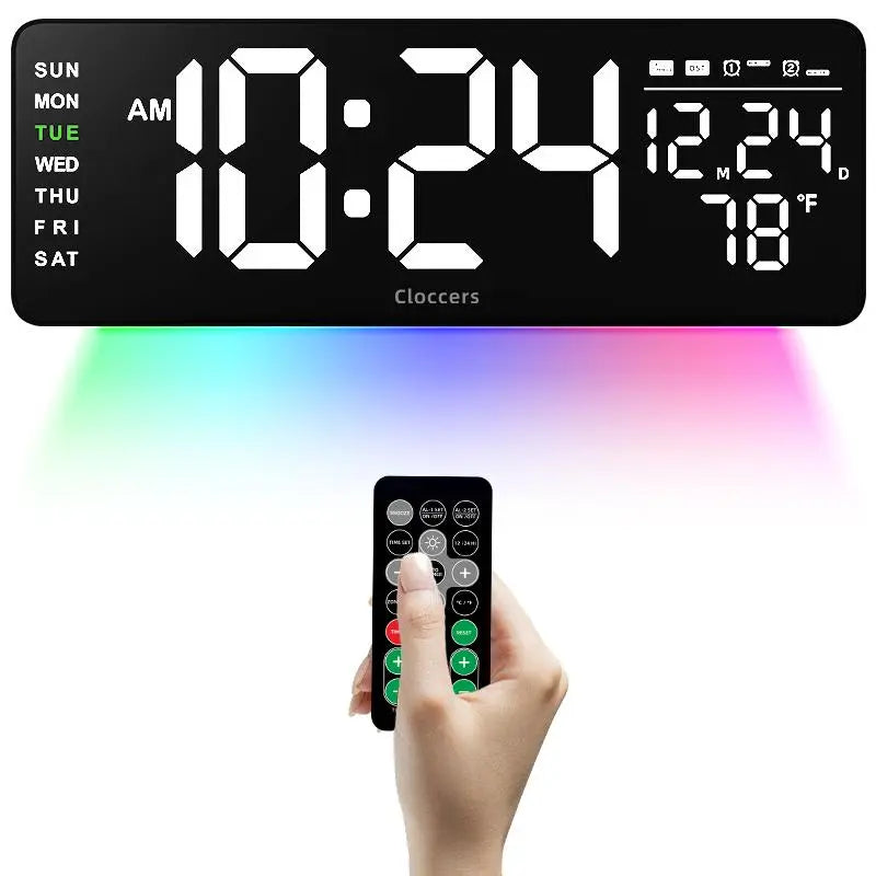 USB & Battery Charging Digital Wall Clock without Battery, Usb Powered Clock, Remote Control Large Screen with Indoor Temperature Date Week Display, Countdown Digital Timer, Digital Clock Decor