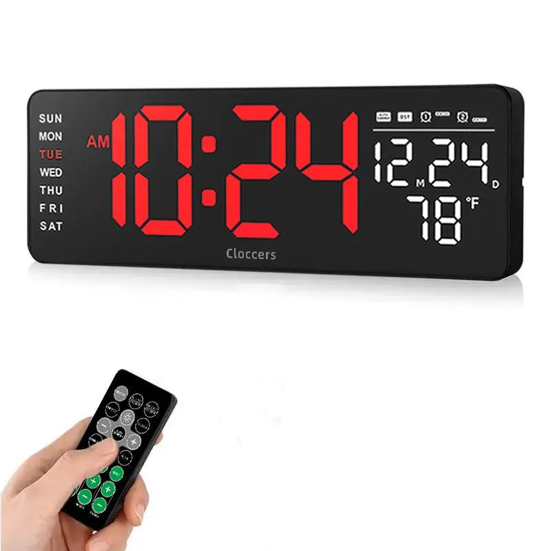 USB & Battery Charging Digital Wall Clock without Battery, Usb Powered Clock, Remote Control Large Screen with Indoor Temperature Date Week Display, Countdown Digital Timer, Digital Clock Decor