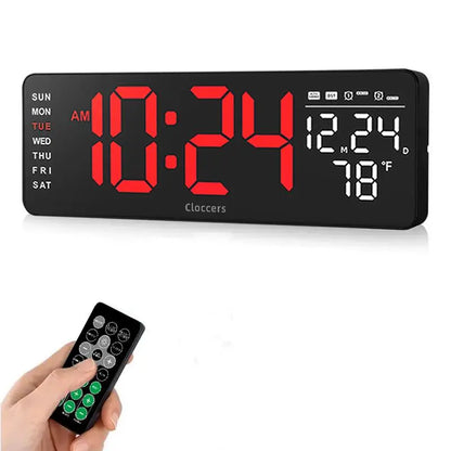 USB & Battery Charging Digital Wall Clock without Battery, Usb Powered Clock, Remote Control Large Screen with Indoor Temperature Date Week Display, Countdown Digital Timer, Digital Clock Decor