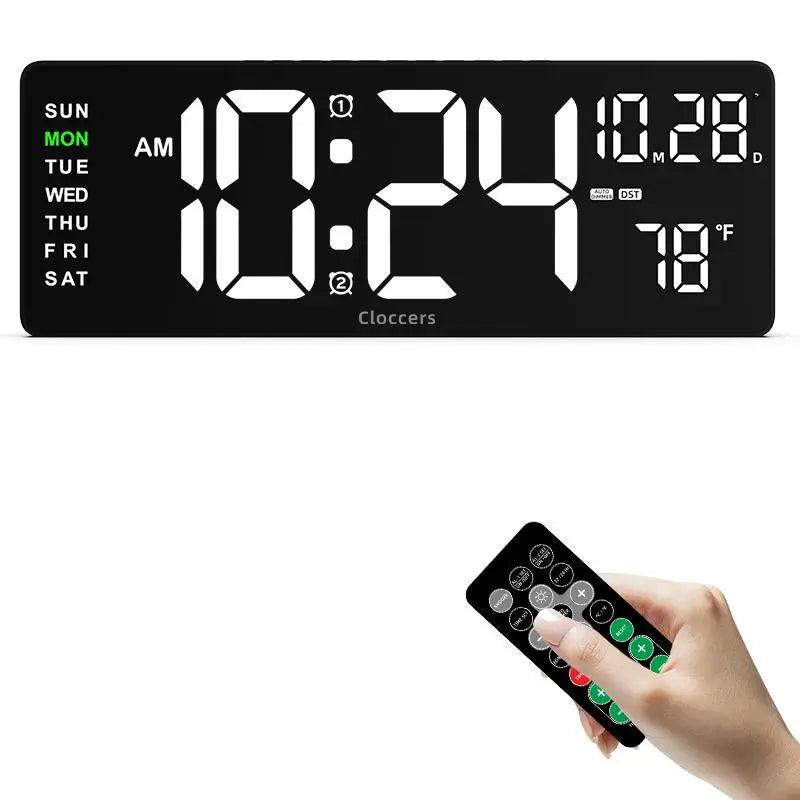 USB & Battery Charging Digital Wall Clock without Battery, Usb Powered Clock, Remote Control Large Screen with Indoor Temperature Date Week Display, Countdown Digital Timer, Digital Clock Decor