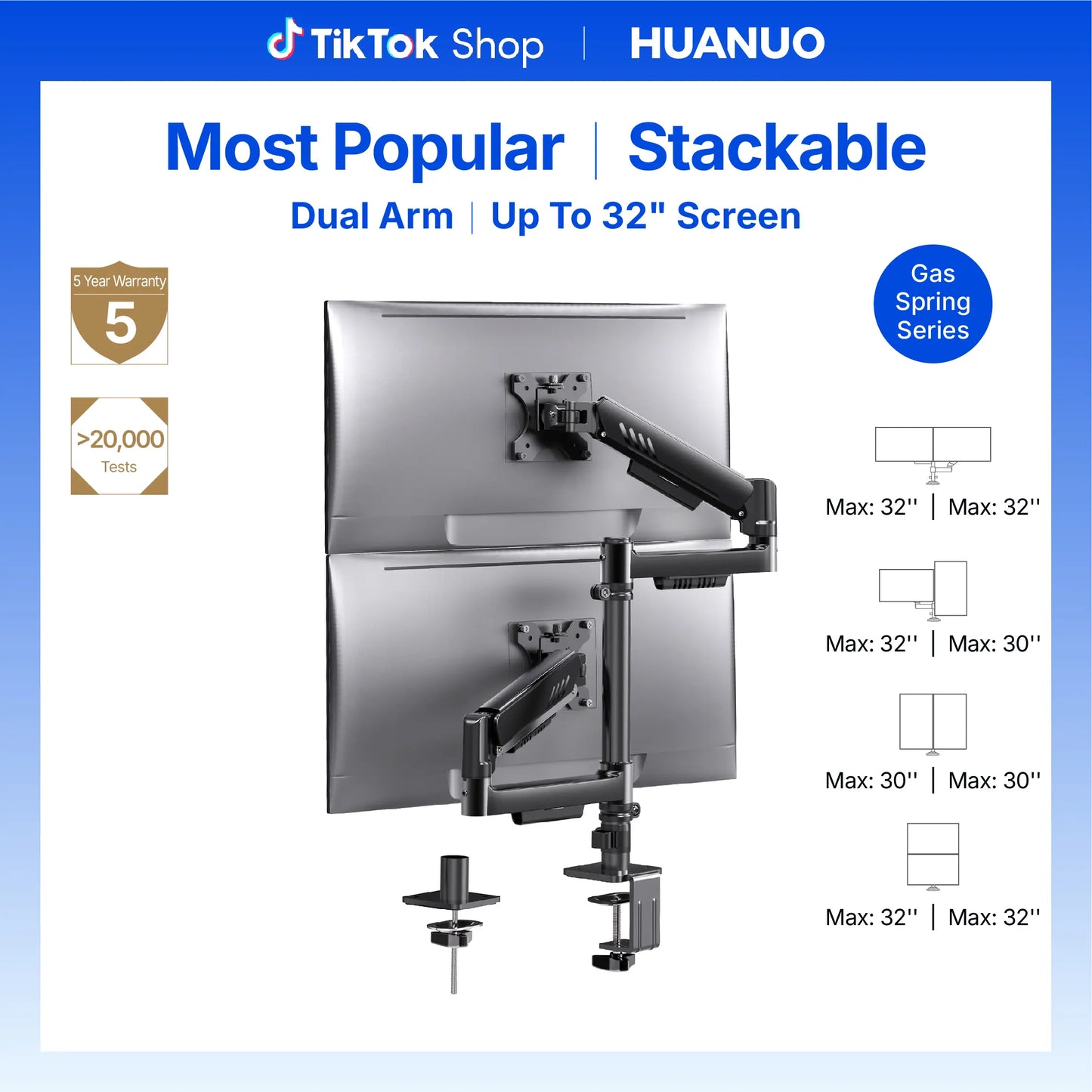 HUANUO Computer Monitor Stand, Desk Accessory for 13-32" Screens, 19.8 Lbs Max Weight per Arm, Built-In C-Clamp, Enhanced Stability, Upgraded Cable Management, VESA 75X75Mm/100X100Mm Compatible, Black Finish