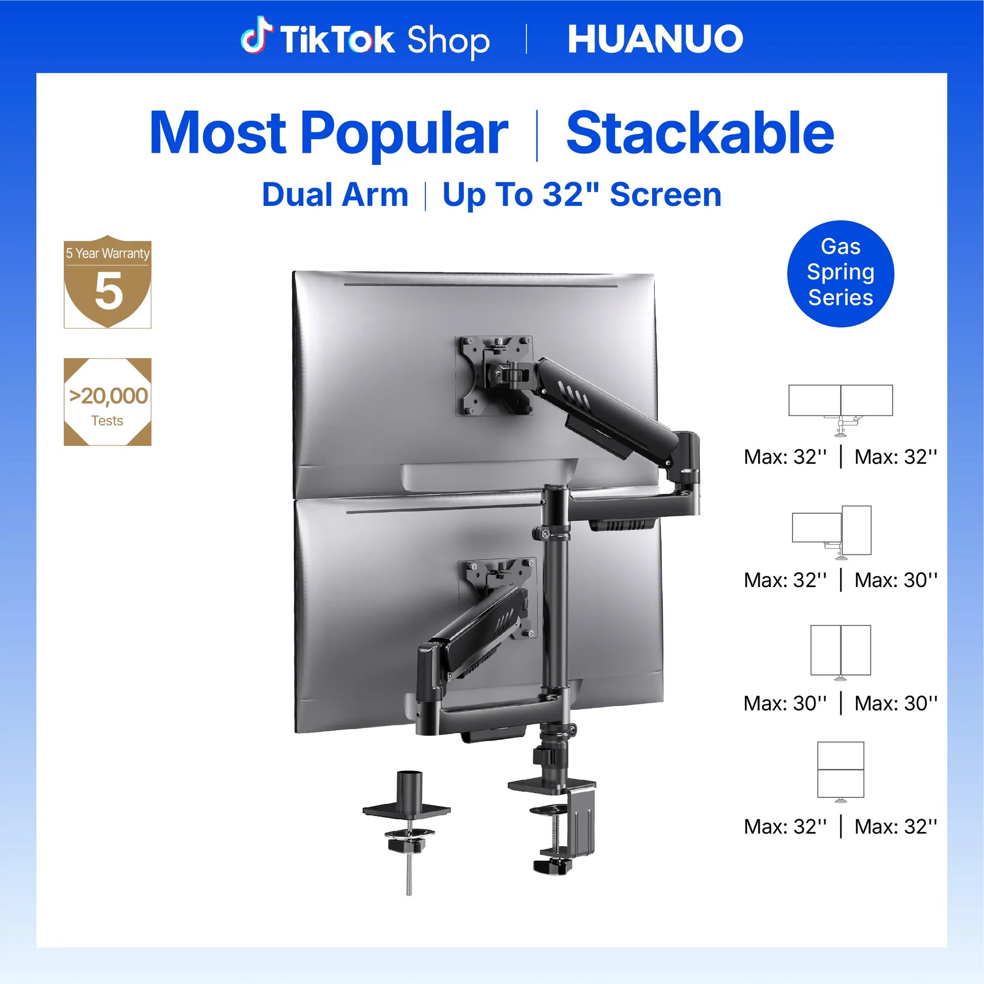 HUANUO Computer Monitor Stand, Desk Accessory for 13-32" Screens, 19.8 Lbs Max Weight per Arm, Built-In C-Clamp, Enhanced Stability, Upgraded Cable Management, VESA 75X75Mm/100X100Mm Compatible, Black Finish