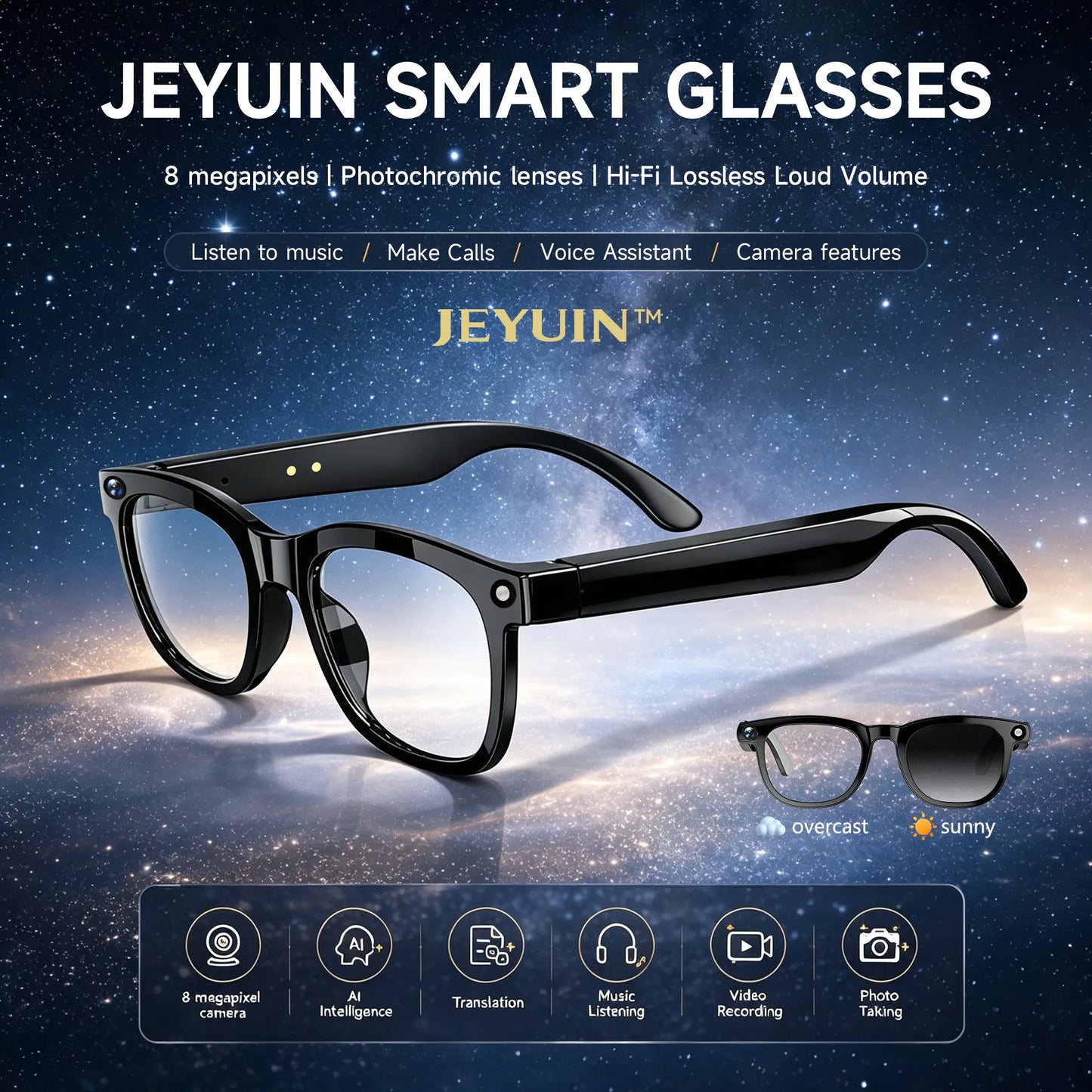JEYUIN Smart Camera Glasses with Bluetooth Audio, Hands-Free Photo and Video Capture Wearable for Travel, Outdoor and Daily Use, Includes Translation Feature Support, Compatible with Iphone & Android