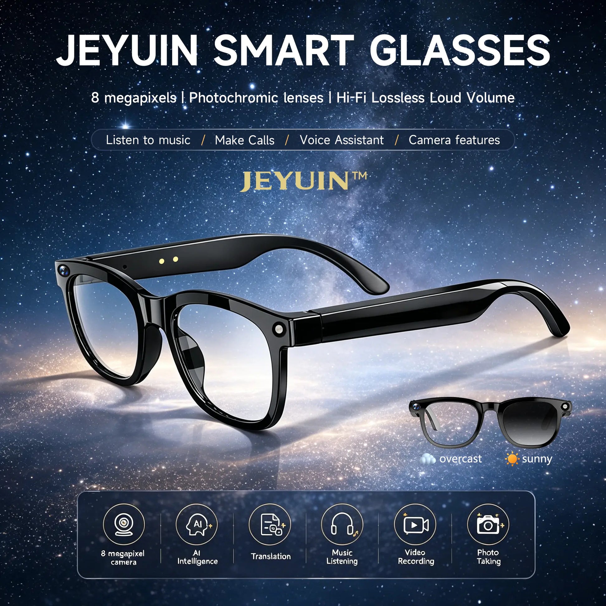 JEYUIN Smart Camera Glasses with Bluetooth Audio, Hands-Free Photo and Video Capture Wearable for Travel, Outdoor and Daily Use, Includes Translation Feature Support, Compatible with Iphone & Android