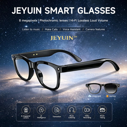 JEYUIN Smart Camera Glasses with Bluetooth Audio, Hands-Free Photo and Video Capture Wearable for Travel, Outdoor and Daily Use, Includes Translation Feature Support, Compatible with Iphone & Android