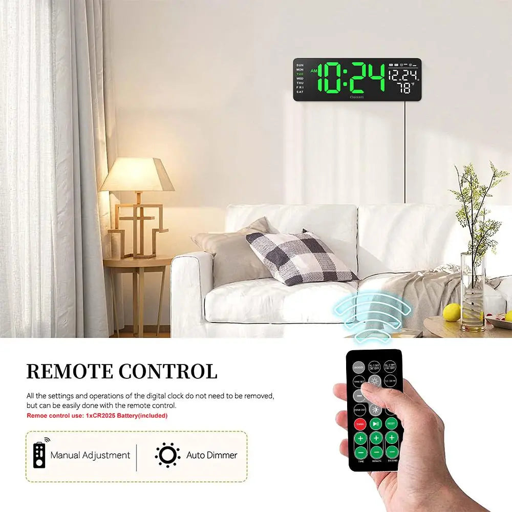 USB & Battery Charging Digital Wall Clock without Battery, Usb Powered Clock, Remote Control Large Screen with Indoor Temperature Date Week Display, Countdown Digital Timer, Digital Clock Decor