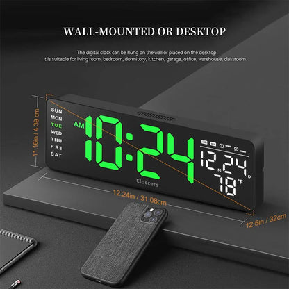USB & Battery Charging Digital Wall Clock without Battery, Usb Powered Clock, Remote Control Large Screen with Indoor Temperature Date Week Display, Countdown Digital Timer, Digital Clock Decor