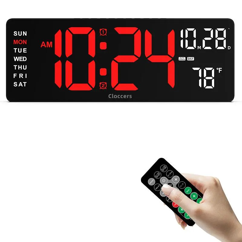 USB & Battery Charging Digital Wall Clock without Battery, Usb Powered Clock, Remote Control Large Screen with Indoor Temperature Date Week Display, Countdown Digital Timer, Digital Clock Decor