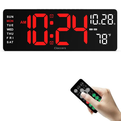 USB & Battery Charging Digital Wall Clock without Battery, Usb Powered Clock, Remote Control Large Screen with Indoor Temperature Date Week Display, Countdown Digital Timer, Digital Clock Decor