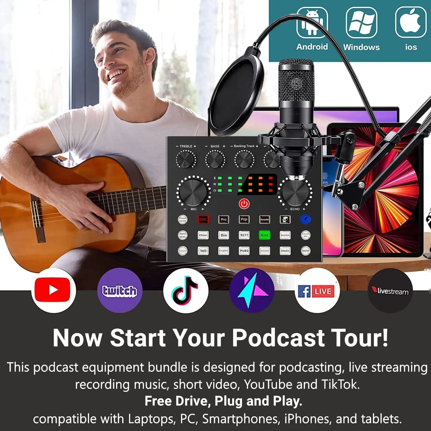 Zealsound Podcast Equipment Bundle, BM800 Podcast Microphone Bundle with V8S Voice Changer, Condenser Microphone Recording Studio Package for Podcasting Live Streaming Singing PC Mobile Tiktok Youtube