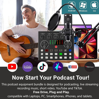 Zealsound Podcast Equipment Bundle, BM800 Podcast Microphone Bundle with V8S Voice Changer, Condenser Microphone Recording Studio Package for Podcasting Live Streaming Singing PC Mobile Tiktok Youtube