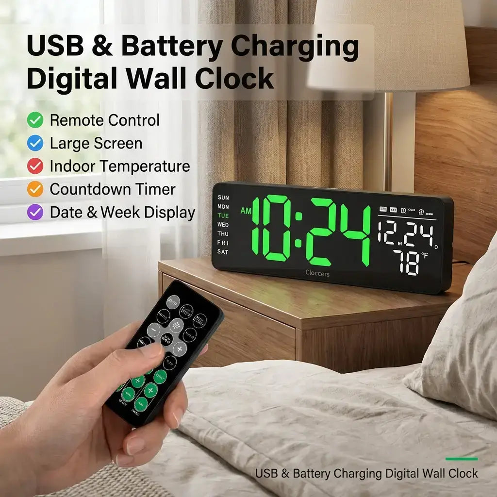 USB & Battery Charging Digital Wall Clock without Battery, Usb Powered Clock, Remote Control Large Screen with Indoor Temperature Date Week Display, Countdown Digital Timer, Digital Clock Decor