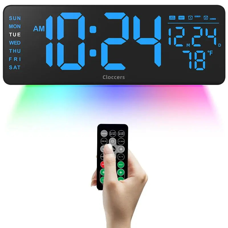 USB & Battery Charging Digital Wall Clock without Battery, Usb Powered Clock, Remote Control Large Screen with Indoor Temperature Date Week Display, Countdown Digital Timer, Digital Clock Decor