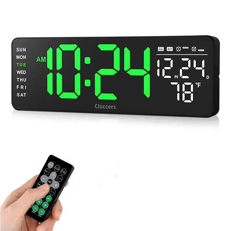 USB & Battery Charging Digital Wall Clock without Battery, Usb Powered Clock, Remote Control Large Screen with Indoor Temperature Date Week Display, Countdown Digital Timer, Digital Clock Decor