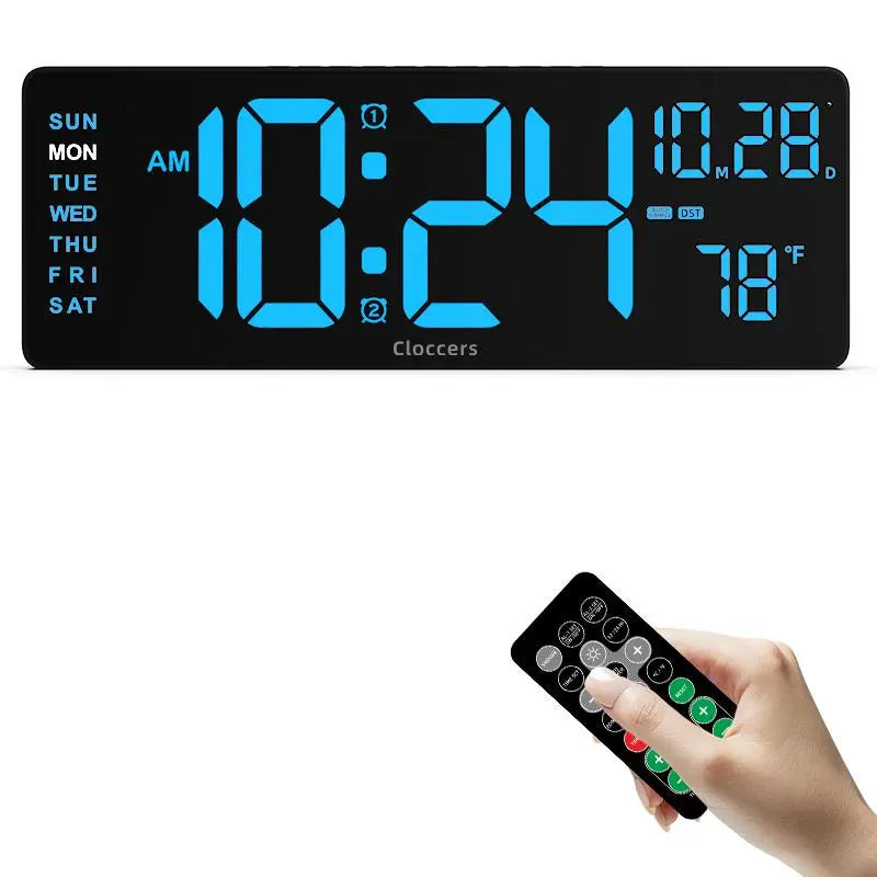 USB & Battery Charging Digital Wall Clock without Battery, Usb Powered Clock, Remote Control Large Screen with Indoor Temperature Date Week Display, Countdown Digital Timer, Digital Clock Decor