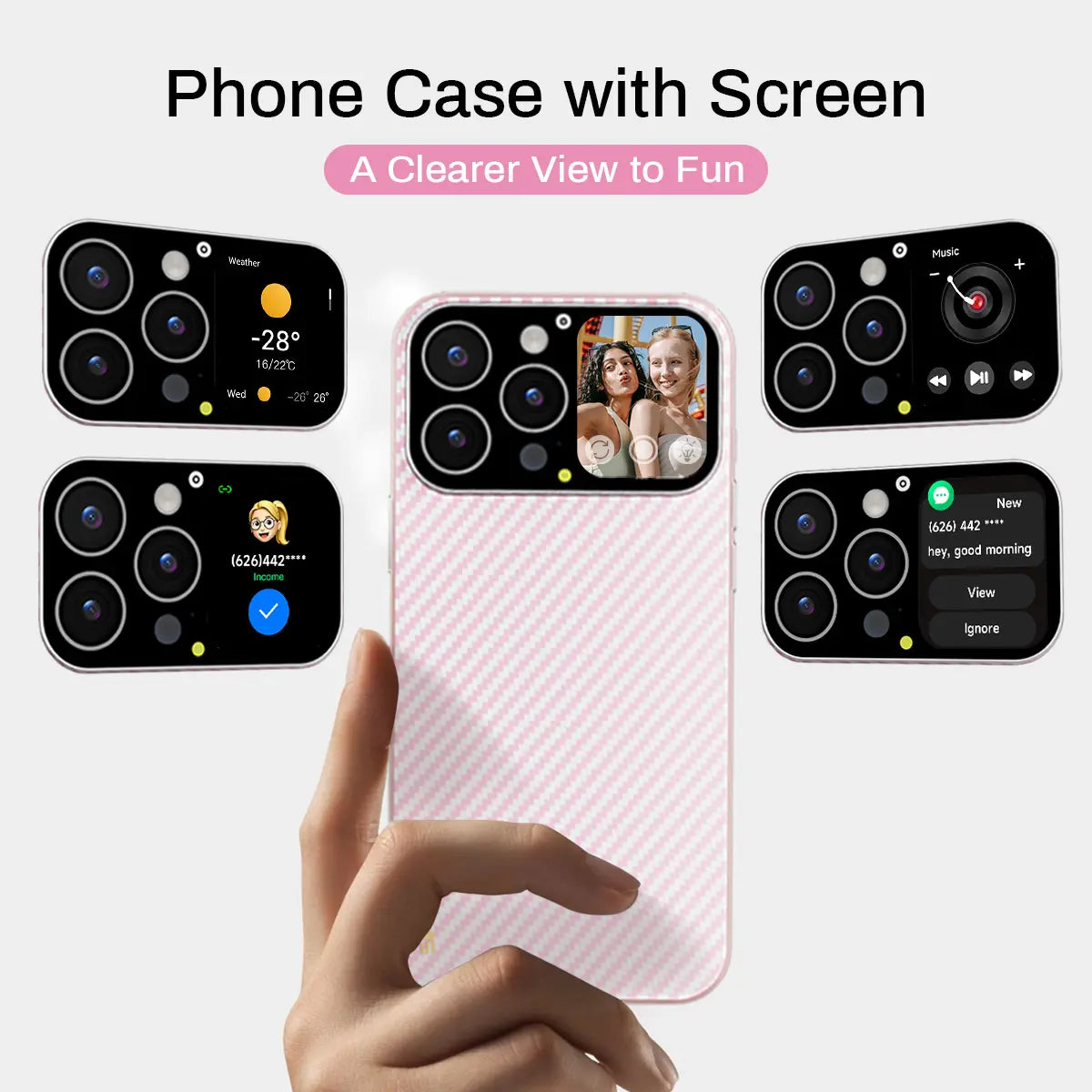 Smart Phone Case with 1.75-Inch HD Screen, 10 Second Custom Video Dial, Rear Camera Preview, Call & Message Alert, Music Control, Weather, Timer, Dynamic Smart Window, Multiple Model Options, Magnetic Wireless Charging, Practical Gadget Gift.