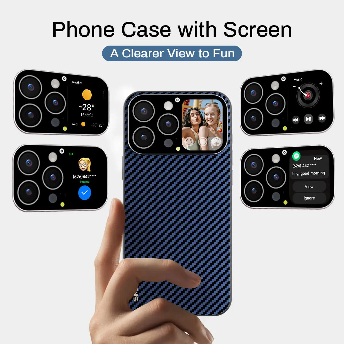Smart Phone Case with 1.75-Inch HD Screen, 10 Second Custom Video Dial, Rear Camera Preview, Call & Message Alert, Music Control, Weather, Timer, Dynamic Smart Window, Multiple Model Options, Magnetic Wireless Charging, Practical Gadget Gift.