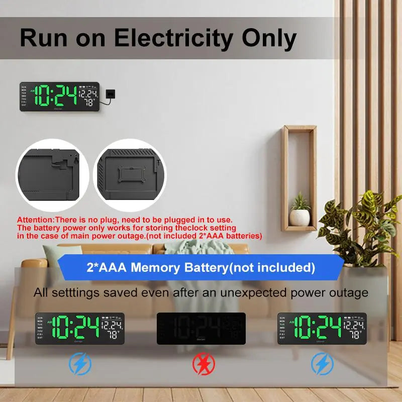 USB & Battery Charging Digital Wall Clock without Battery, Usb Powered Clock, Remote Control Large Screen with Indoor Temperature Date Week Display, Countdown Digital Timer, Digital Clock Decor