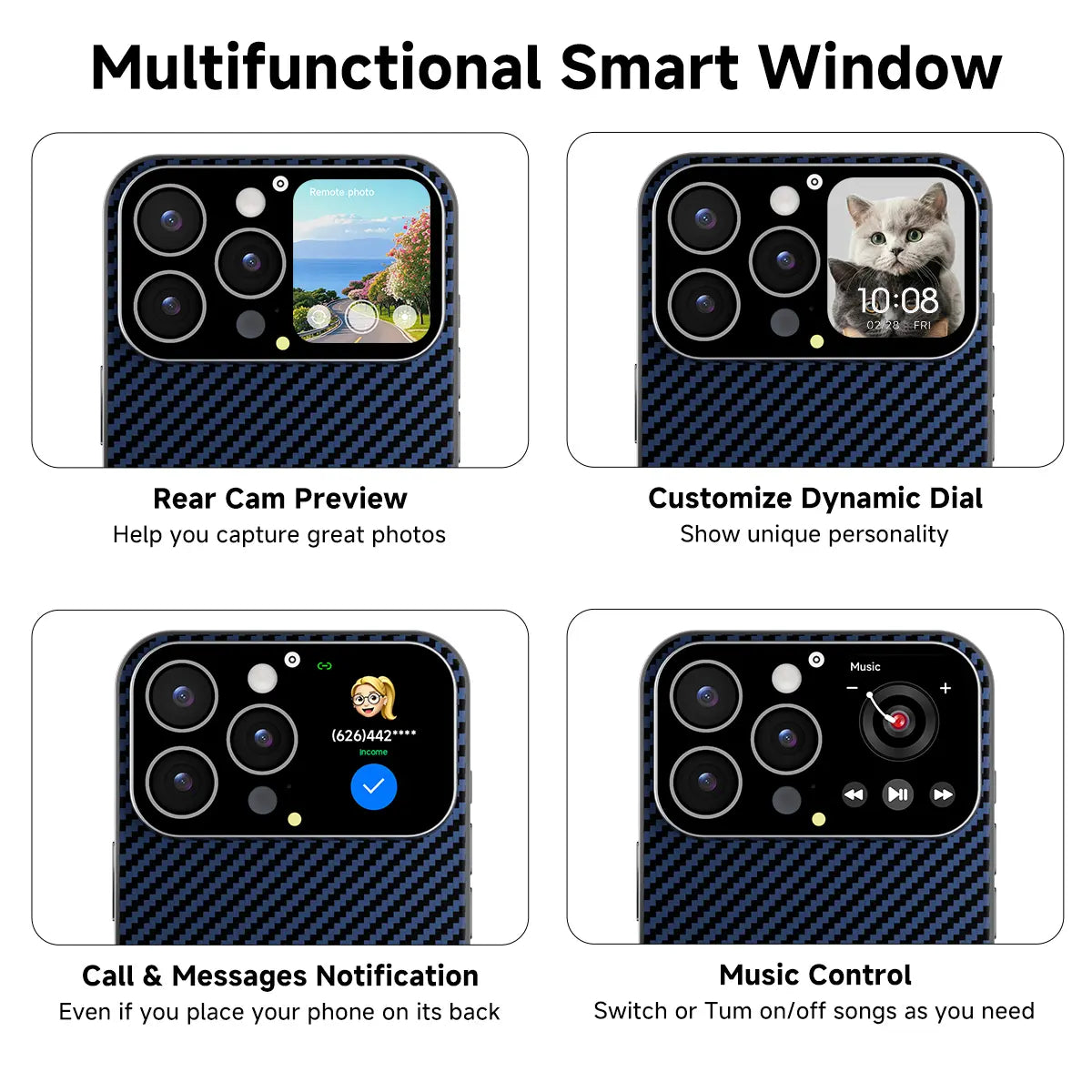 Smart Phone Case with 1.75-Inch HD Screen, 10 Second Custom Video Dial, Rear Camera Preview, Call & Message Alert, Music Control, Weather, Timer, Dynamic Smart Window, Multiple Model Options, Magnetic Wireless Charging, Practical Gadget Gift.