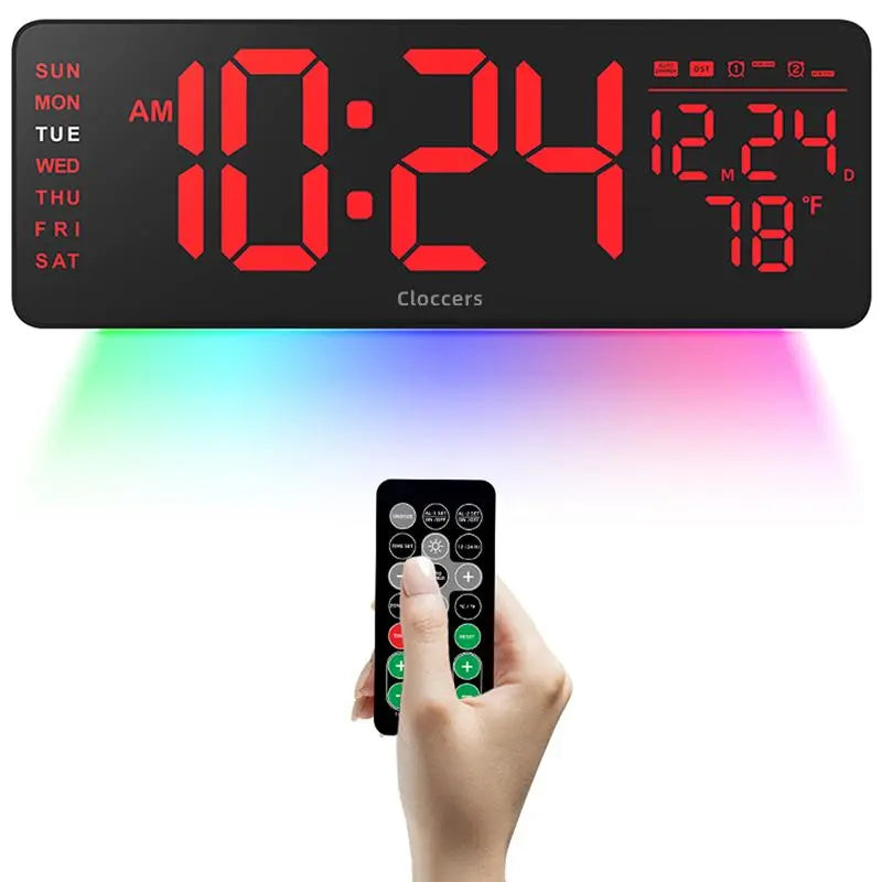 USB & Battery Charging Digital Wall Clock without Battery, Usb Powered Clock, Remote Control Large Screen with Indoor Temperature Date Week Display, Countdown Digital Timer, Digital Clock Decor