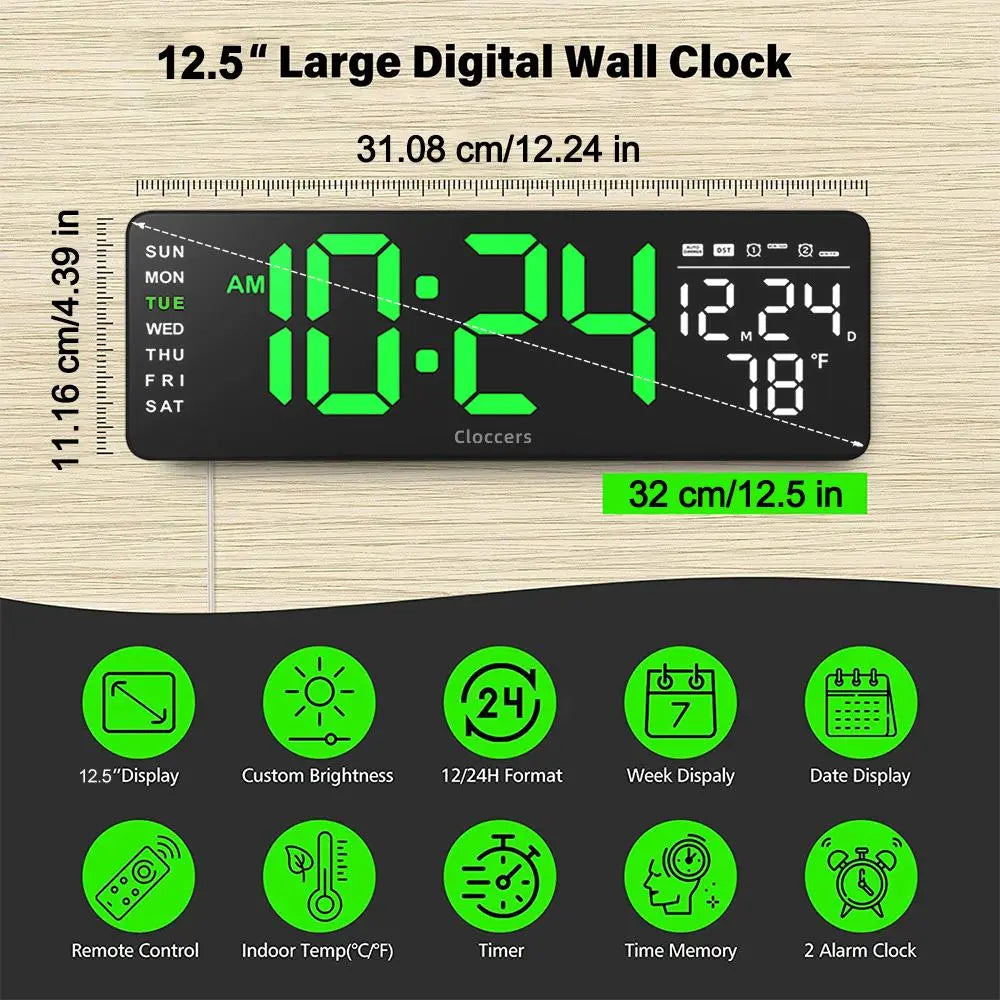 USB & Battery Charging Digital Wall Clock without Battery, Usb Powered Clock, Remote Control Large Screen with Indoor Temperature Date Week Display, Countdown Digital Timer, Digital Clock Decor